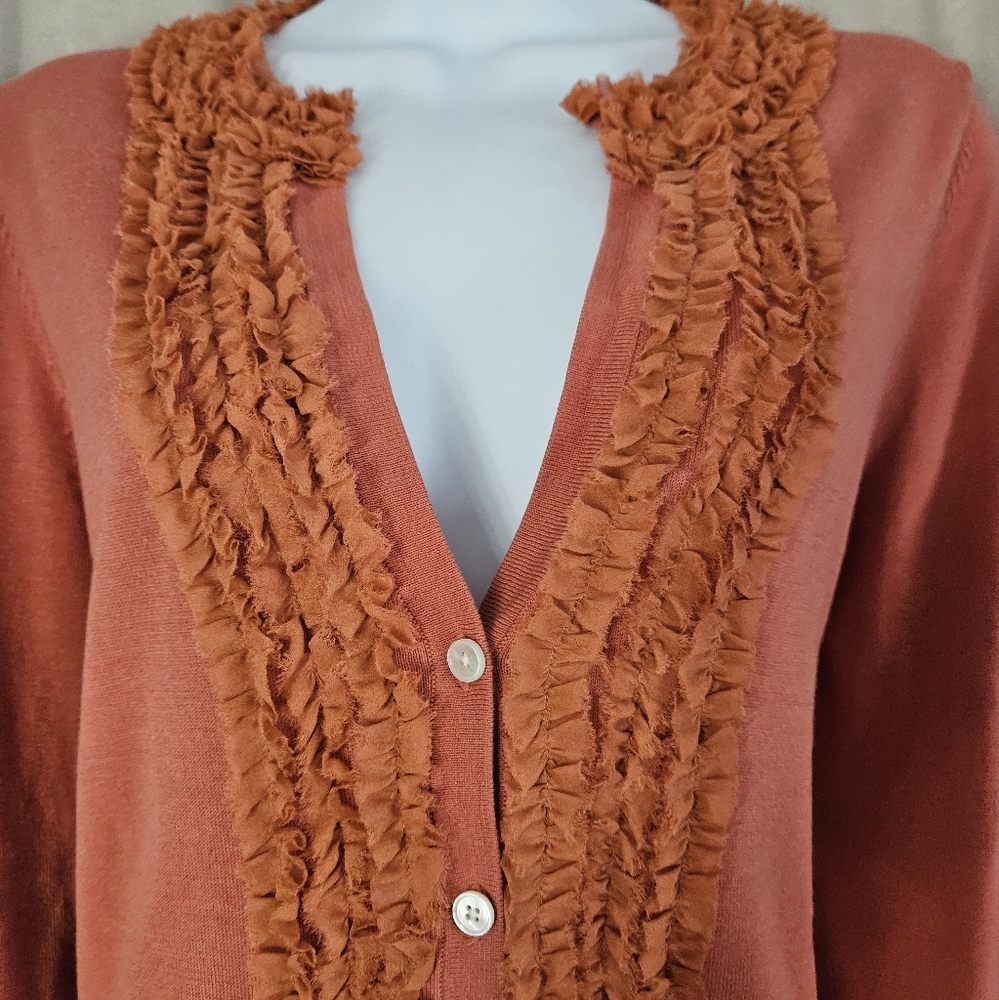 NWOT Talbots orange ruffled silk cotton cardigan sweater Womens Medium - Picture 4 of 7